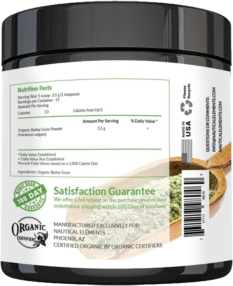 USDA Certified Organic Nautical Elements Barley Grass Powder - Non-GMO, Vegan, Rich in Antioxidants, Minerals, and Amino Acids - 200 Grams