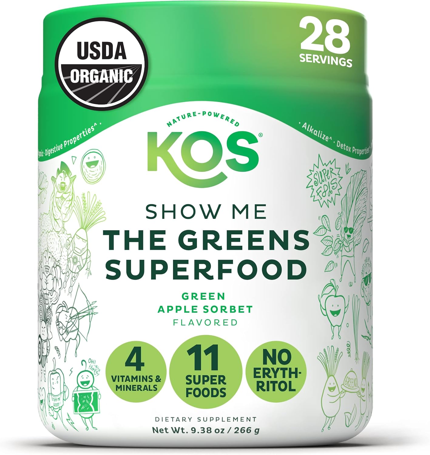 USDA Certified Organic Plant-Based Super Greens Powder - Apple Flavor, Erythritol Free, Spirulina, Chlorella, Wheatgrass - 28 Servings