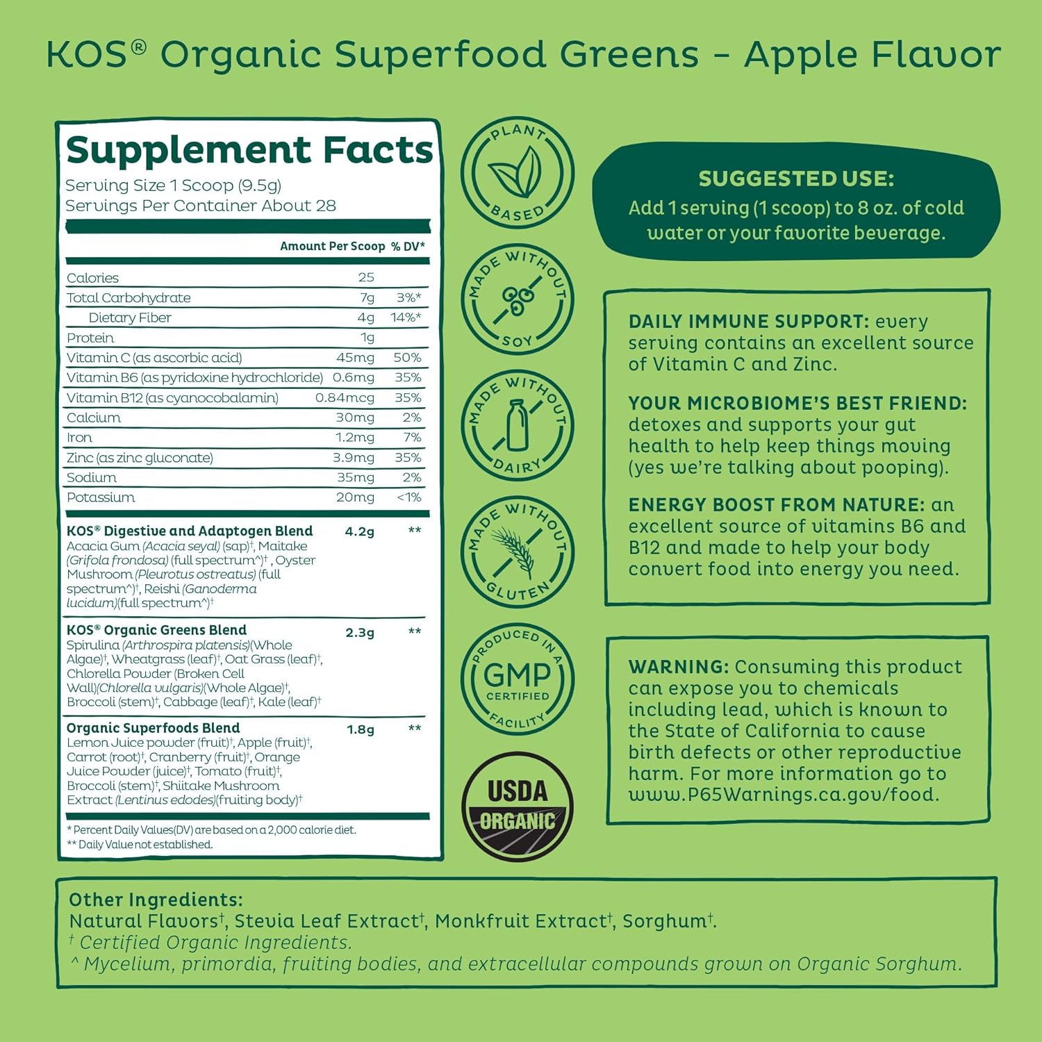 USDA Certified Organic Plant-Based Super Greens Powder - Apple Flavor, Erythritol Free, Spirulina, Chlorella, Wheatgrass - 28 Servings