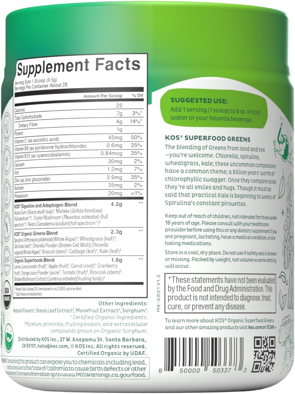 USDA Certified Organic Plant-Based Super Greens Powder - Apple Flavor, Erythritol Free, Spirulina, Chlorella, Wheatgrass - 28 Servings