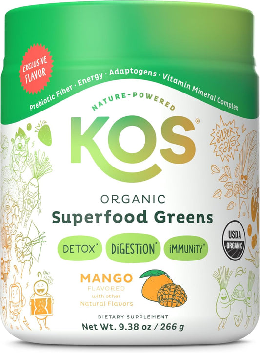 USDA Certified Organic Superfood Greens Powder for Gut Health - Prebiotic Fiber, Supergreens, Adaptogens - 28 Servings Mango - GMP Certified