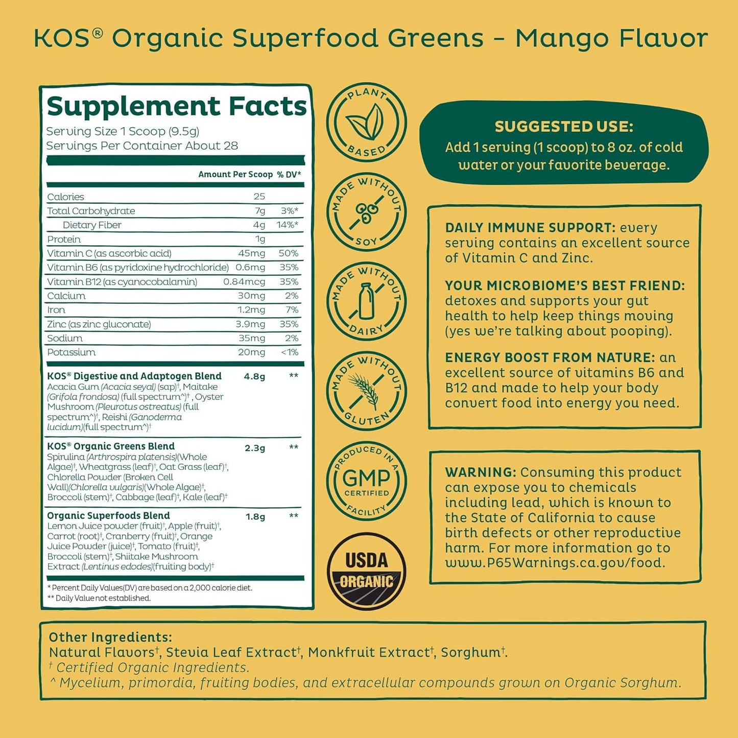 USDA Certified Organic Superfood Greens Powder for Gut Health - Prebiotic Fiber, Supergreens, Adaptogens - 28 Servings Mango - GMP Certified