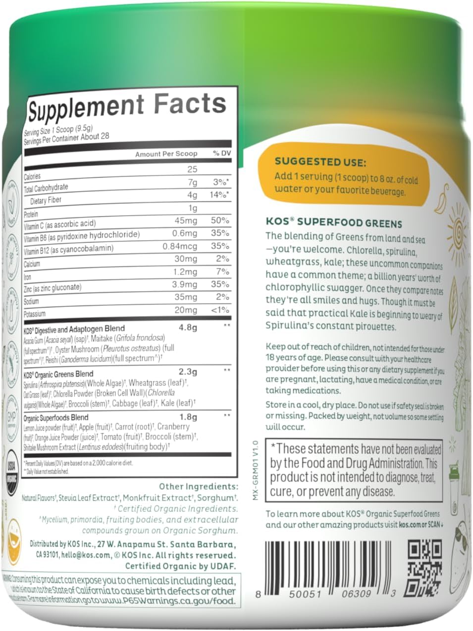USDA Certified Organic Superfood Greens Powder for Gut Health - Prebiotic Fiber, Supergreens, Adaptogens - 28 Servings Mango - GMP Certified