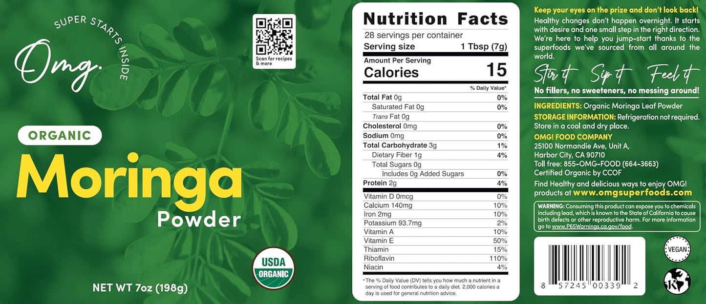 USDA Certified Pure and Organic Moringa Powder - Superfoods for Calcium, Iron, Vitamins A & E - 7 Oz (1 Pack)