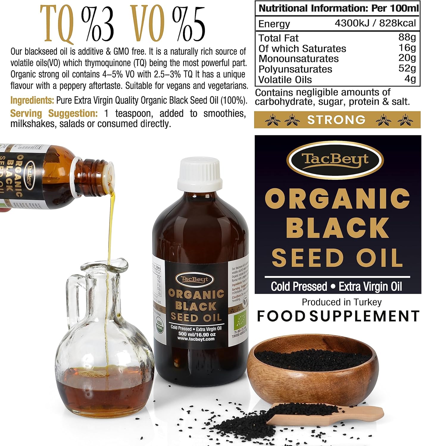 USDA Certified Turkish Black Seed Oil Liquid | 100% Organic Special Seed | Highest Thymoquinone Content | Cold-Pressed, Non GMO (3.38 Fl Oz)