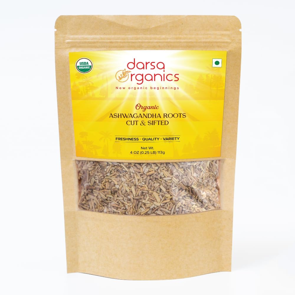 USDA Organic Ashwagandha Root for Tea & Smoothies - 4 oz Cut & Sifted - Non-GMO Withania Somnifera - Boosts Immunity & Digestion - Darsa Organics