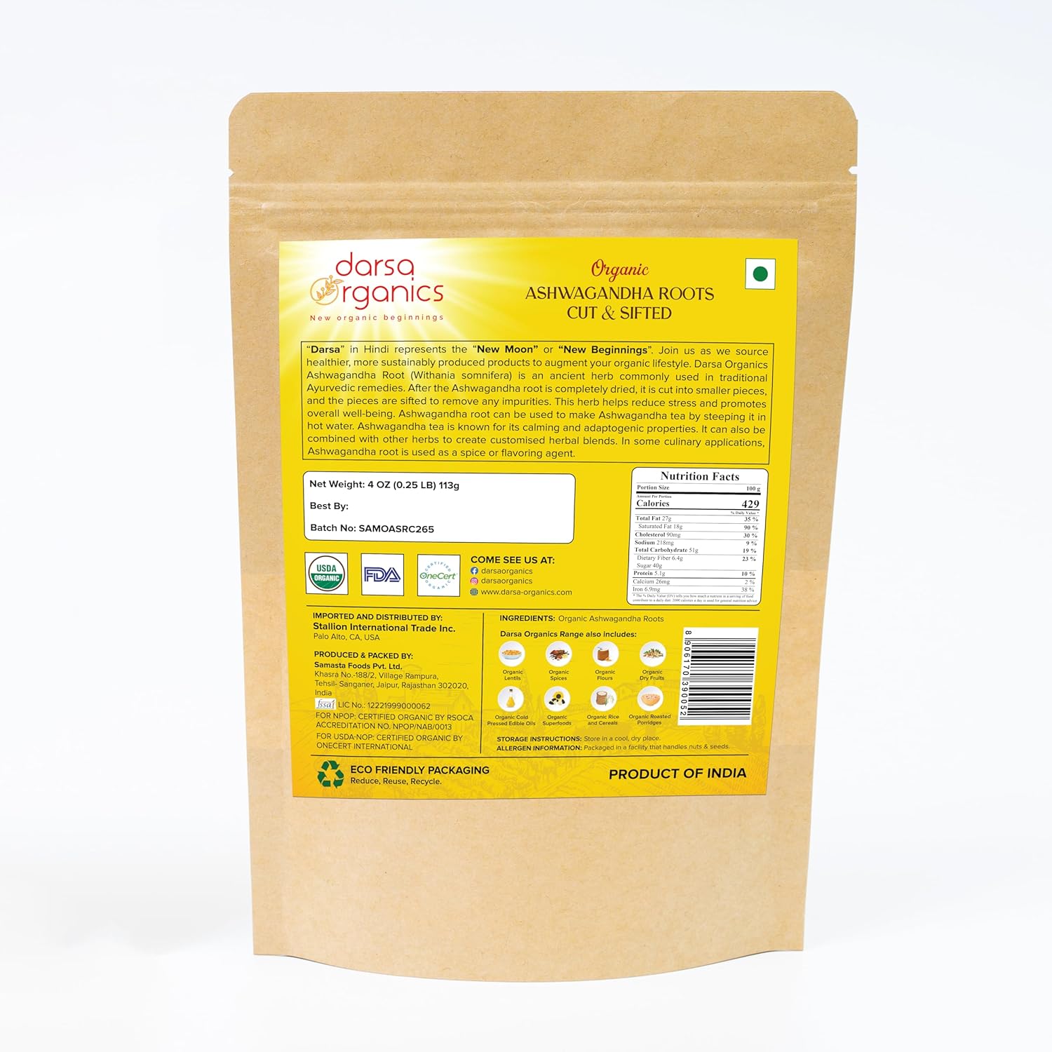 USDA Organic Ashwagandha Root for Tea & Smoothies - 4 oz Cut & Sifted - Non-GMO Withania Somnifera - Boosts Immunity & Digestion - Darsa Organics