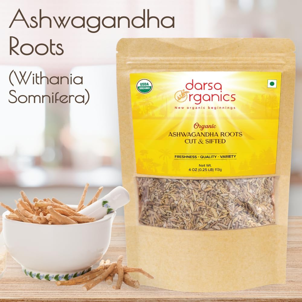 USDA Organic Ashwagandha Root for Tea & Smoothies - 4 oz Cut & Sifted - Non-GMO Withania Somnifera - Boosts Immunity & Digestion - Darsa Organics