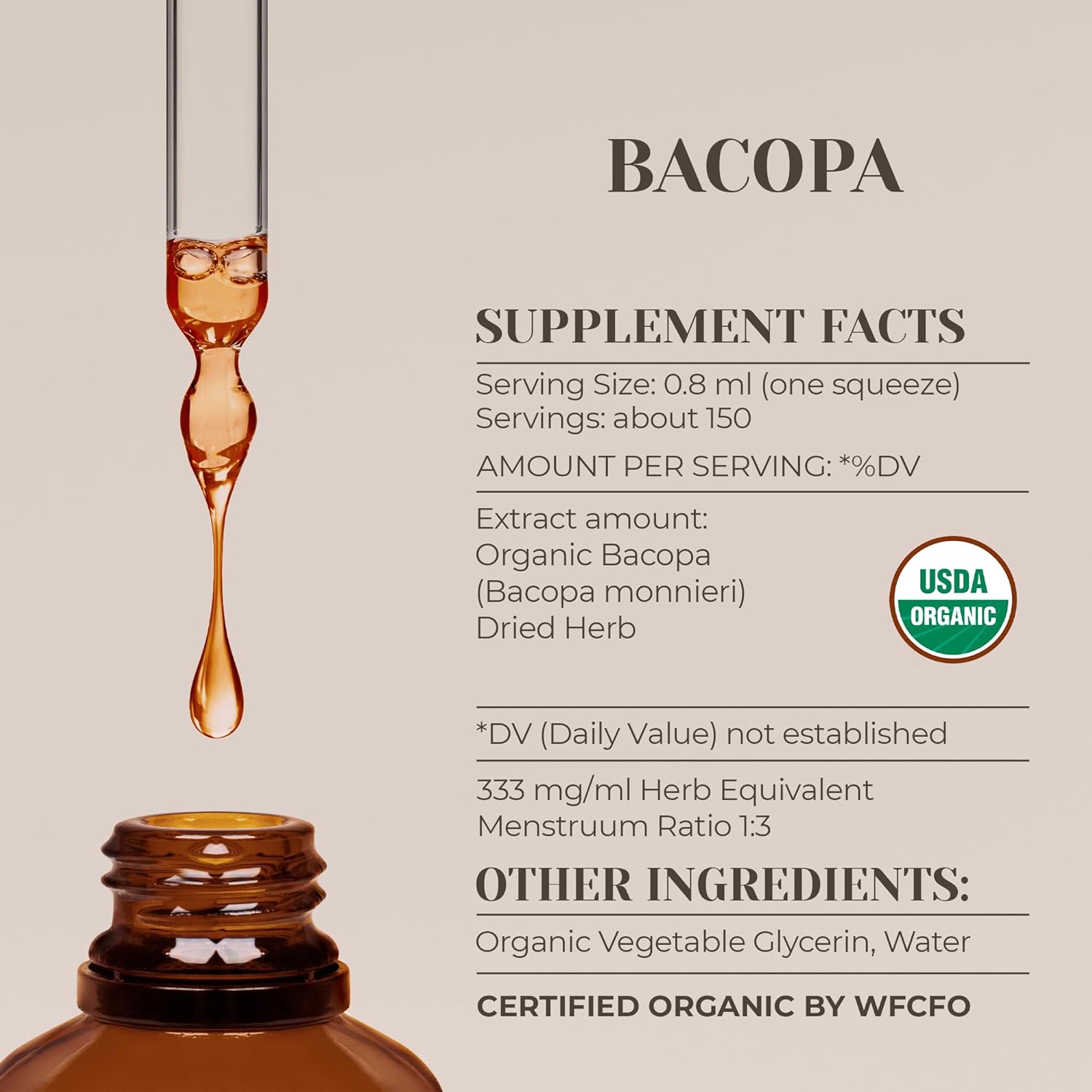 USDA Organic Bacopa Herbal Drops for Relaxation and Cognitive Health, Alcohol-Free Tincture from 100% Organic Bacopa Monnieri Herb - 2x4 oz