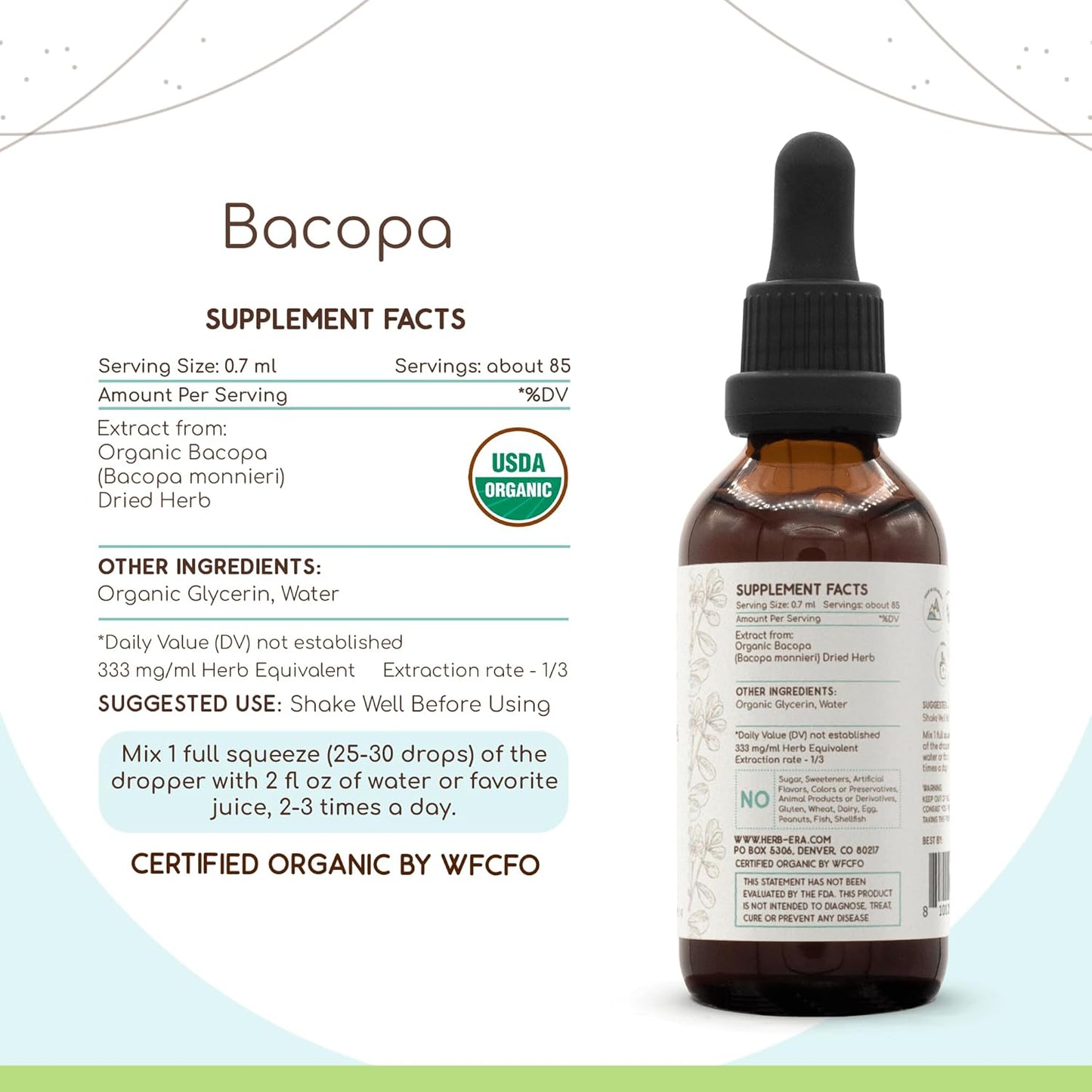 USDA Organic Bacopa Monnieri Tincture - Alcohol-Free Herbal Drops for Relaxation and Cognitive Enhancement - High-Potency Organic Extract (2 fl oz)