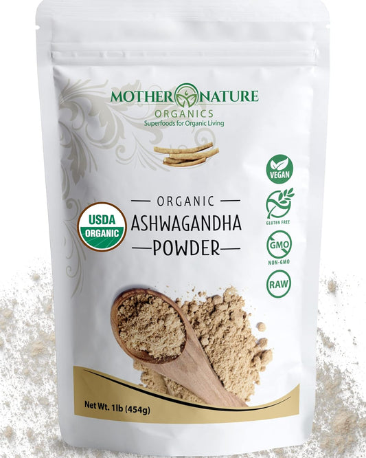 USDA Organic Certified Ashwagandha Powder - 100% Pure Superfood Supplement for Organic Living - Mother Nature Organics - Non-GMO, Vegan, Gluten-Free - Raw Adaptogen Herb (1lb Bag)