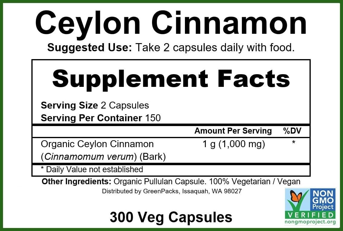 USDA Organic Ceylon Cinnamon Capsules by GreenPacks® - Non-GMO Supplement with 300 Capsules