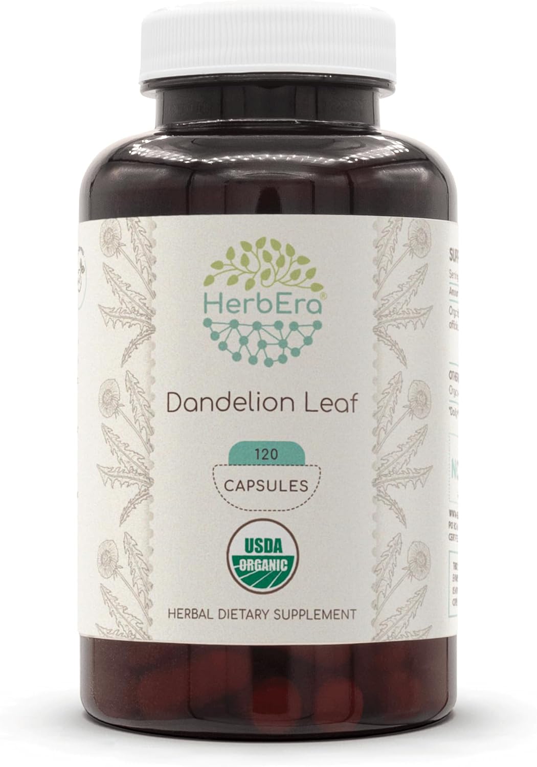 USDA Organic Dandelion Leaf Capsules - 120 Capsules, 500mg - HerbEra Dandelion Leaf Supplement