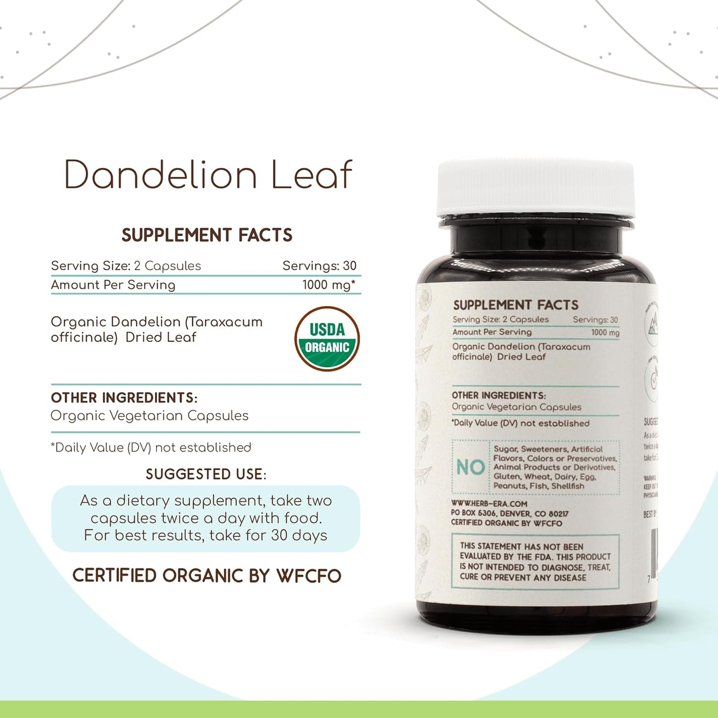 USDA Organic Dandelion Leaf Capsules | Natural Herbal Supplement | Certified Organic Vegetarian Capsules | 60 Count