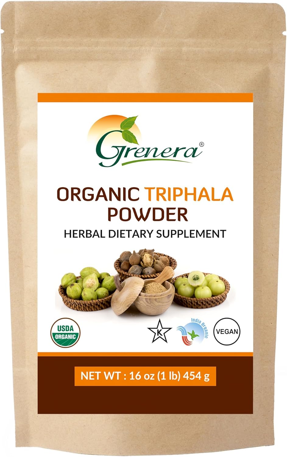 USDA Organic Grenera Triphala Powder 1 lb - Amalaki, Bibhitaki, Haritaki - Vegan & Kosher Certified - 16 Ounce (454g)