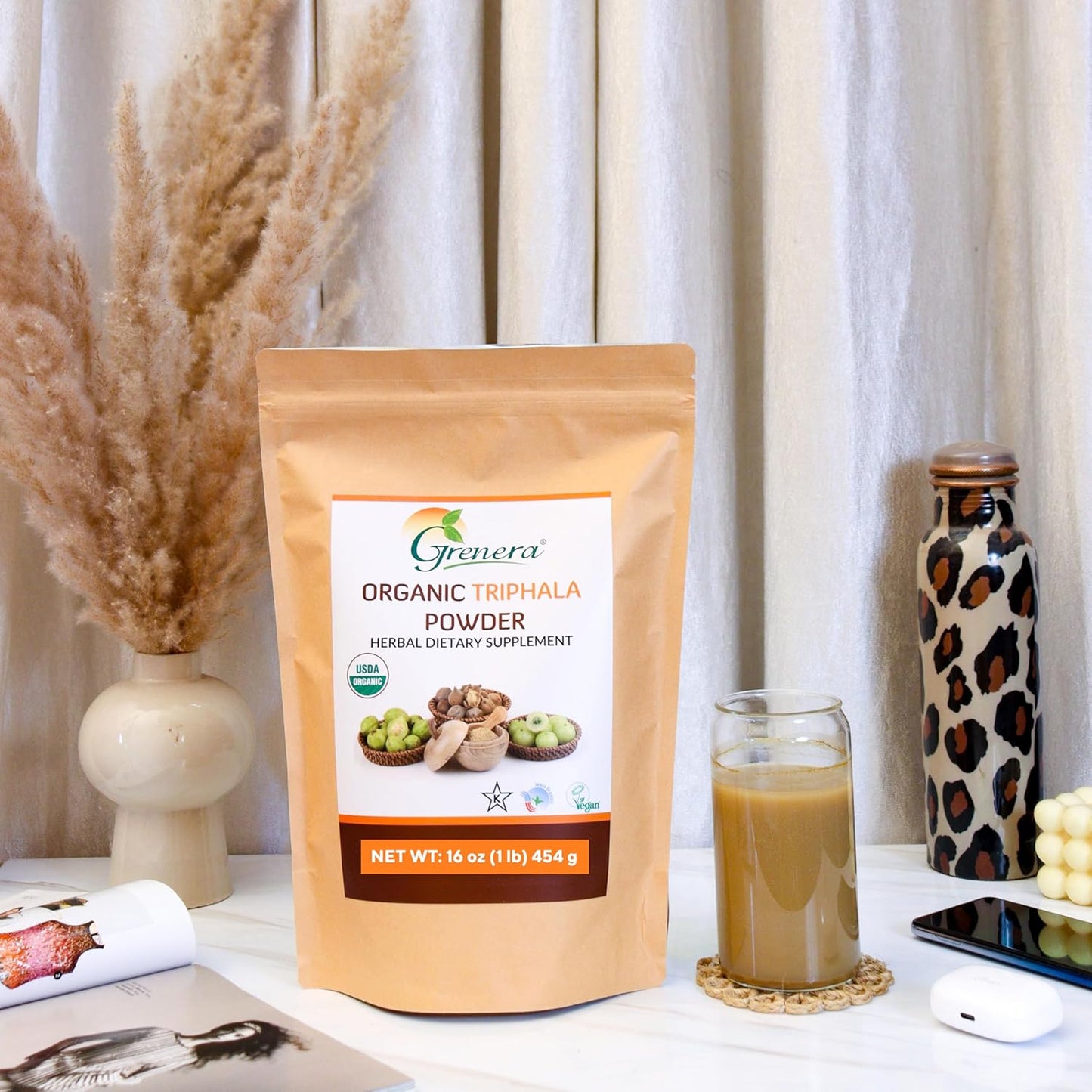 USDA Organic Grenera Triphala Powder 1 lb - Amalaki, Bibhitaki, Haritaki - Vegan & Kosher Certified - 16 Ounce (454g)