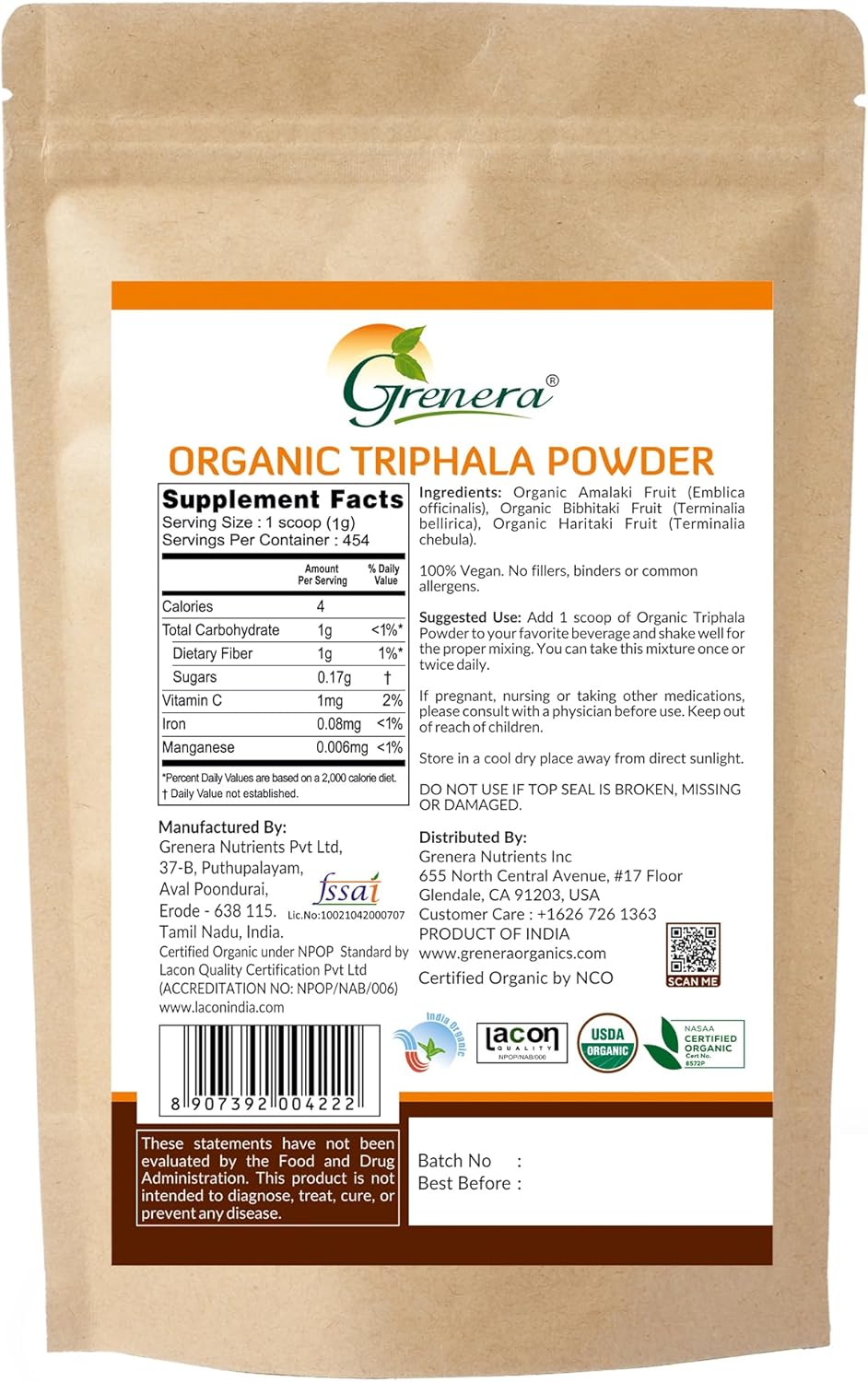USDA Organic Grenera Triphala Powder 1 lb - Amalaki, Bibhitaki, Haritaki - Vegan & Kosher Certified - 16 Ounce (454g)
