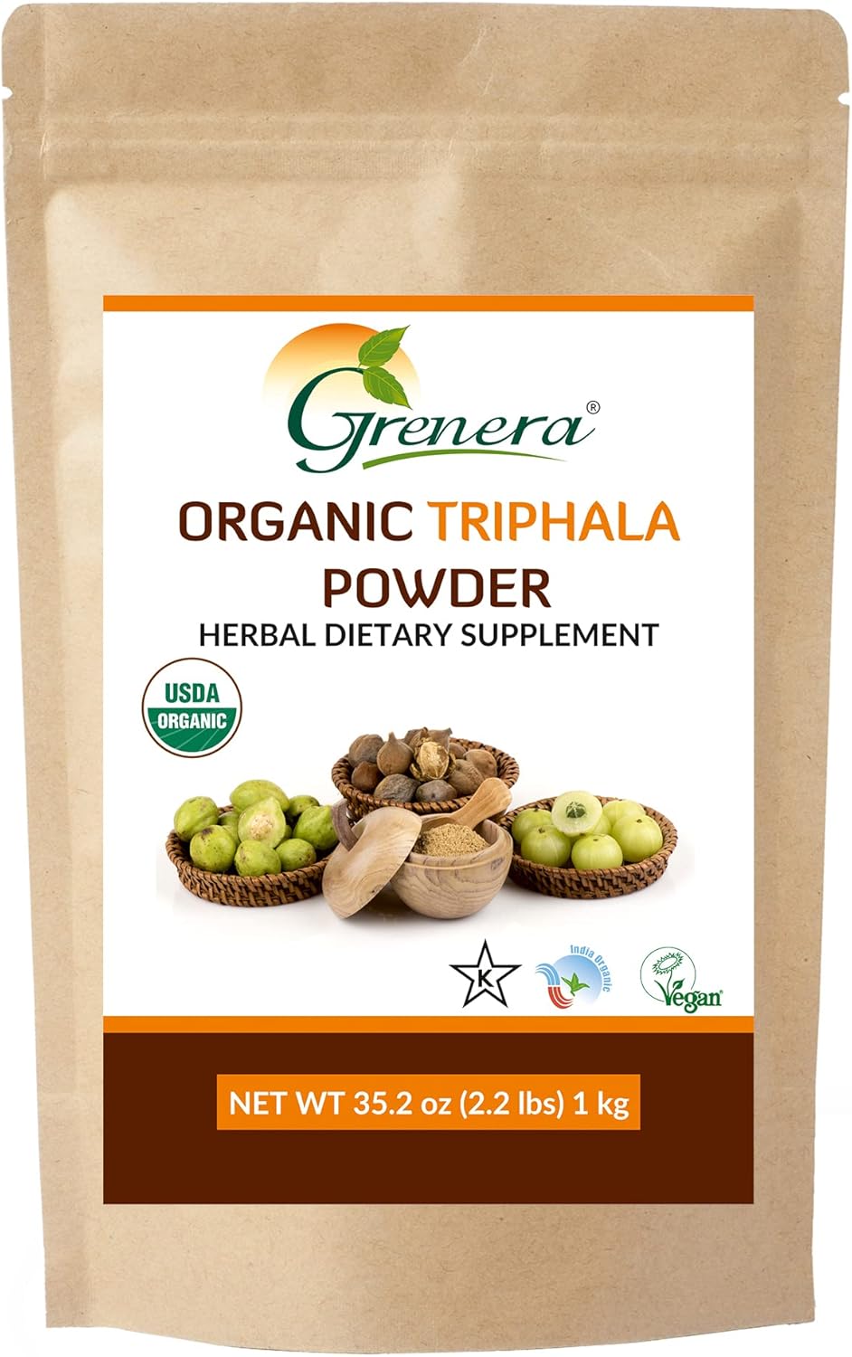 USDA Organic Grenera Triphala Powder 2.2 lb (35.2 oz) - Amalaki, Bibhitaki, Haritaki Fruit - Vegan, Kosher Certified