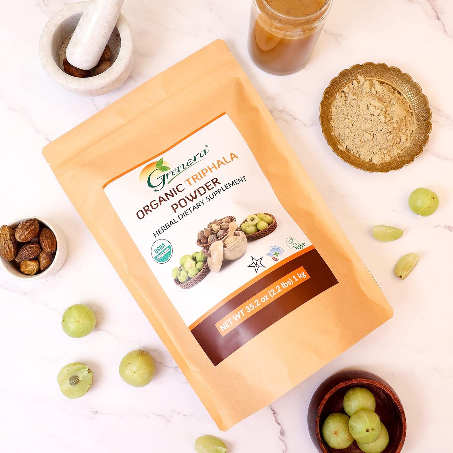 USDA Organic Grenera Triphala Powder 2.2 lb (35.2 oz) - Amalaki, Bibhitaki, Haritaki Fruit - Vegan, Kosher Certified