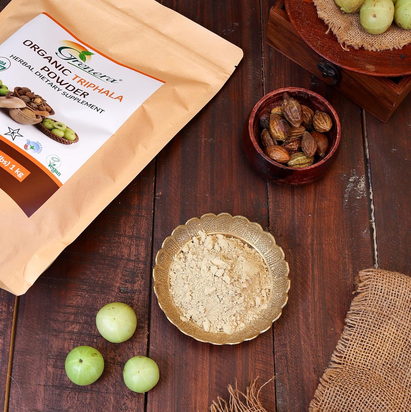 USDA Organic Grenera Triphala Powder 2.2 lb (35.2 oz) - Amalaki, Bibhitaki, Haritaki Fruit - Vegan, Kosher Certified