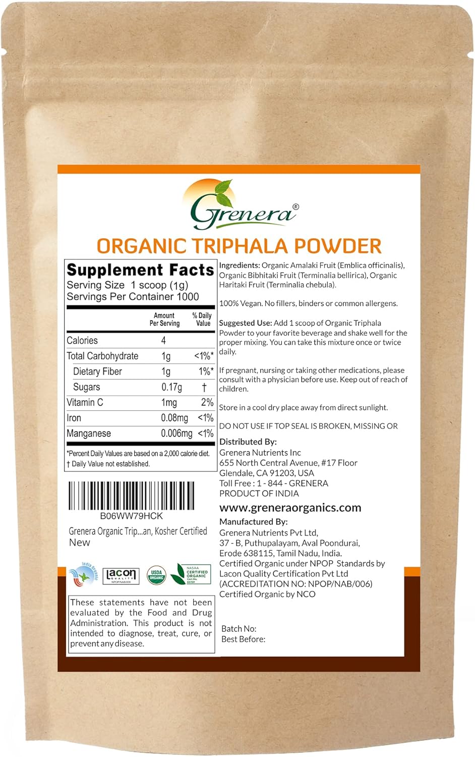 USDA Organic Grenera Triphala Powder 2.2 lb (35.2 oz) - Amalaki, Bibhitaki, Haritaki Fruit - Vegan, Kosher Certified