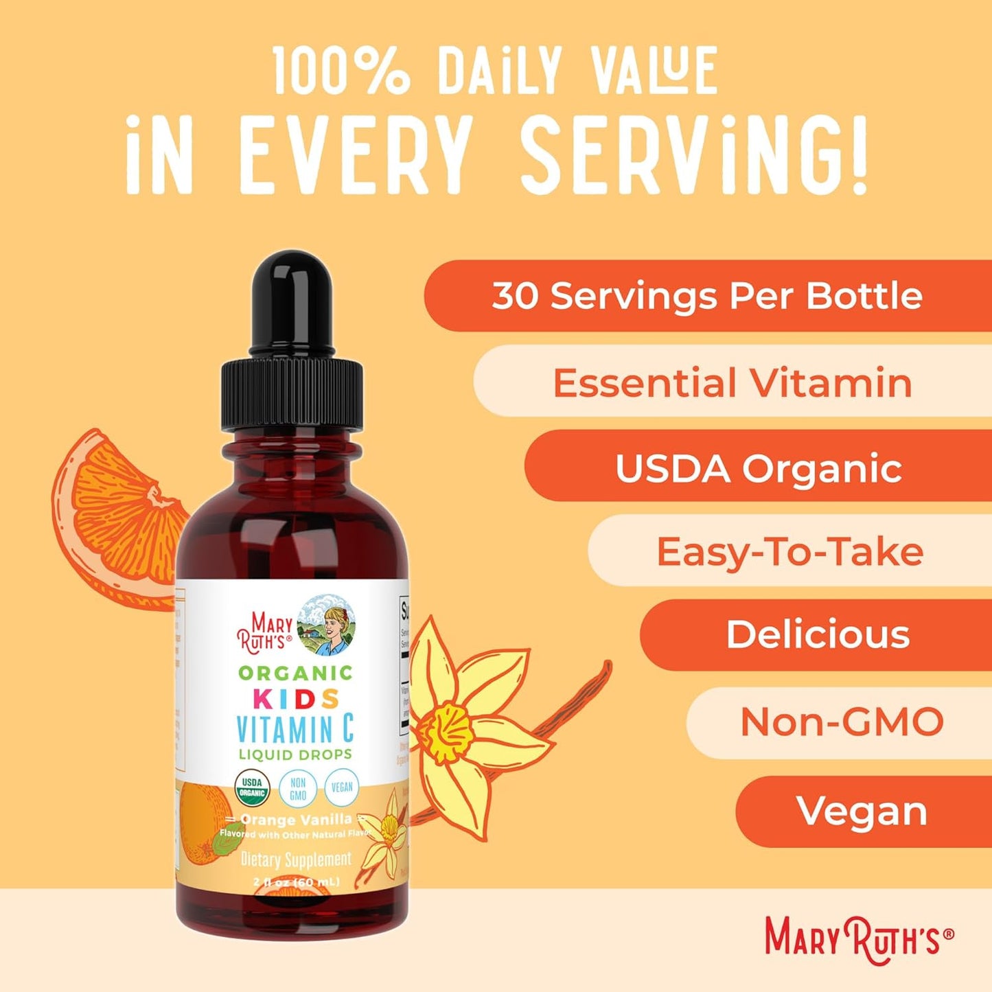 USDA Organic Kids Probiotic & Vitamin C Drops by MaryRuth Organics | Clean Label Project Verified® | Vegan, Non-GMO, Gluten Free | Supports Gut Health, Immune System, & Overall Wellness