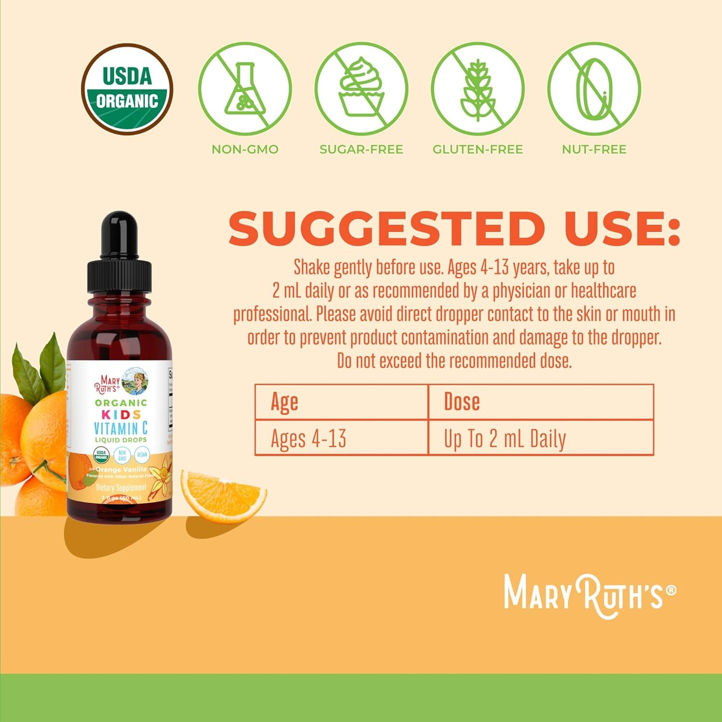 USDA Organic Kids Probiotic & Vitamin C Drops by MaryRuth Organics | Clean Label Project Verified® | Vegan, Non-GMO, Gluten Free | Supports Gut Health, Immune System, & Overall Wellness