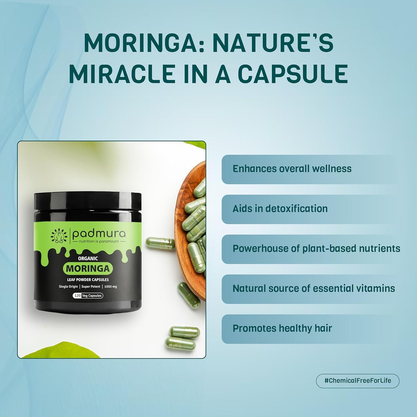 USDA Organic Moringa Leaf Powder Capsules 1000mg - Immune, Lactation & Skin Health Support | Non GMO, Gluten Free, Vegan - 120 Caps - BoostGo Australia