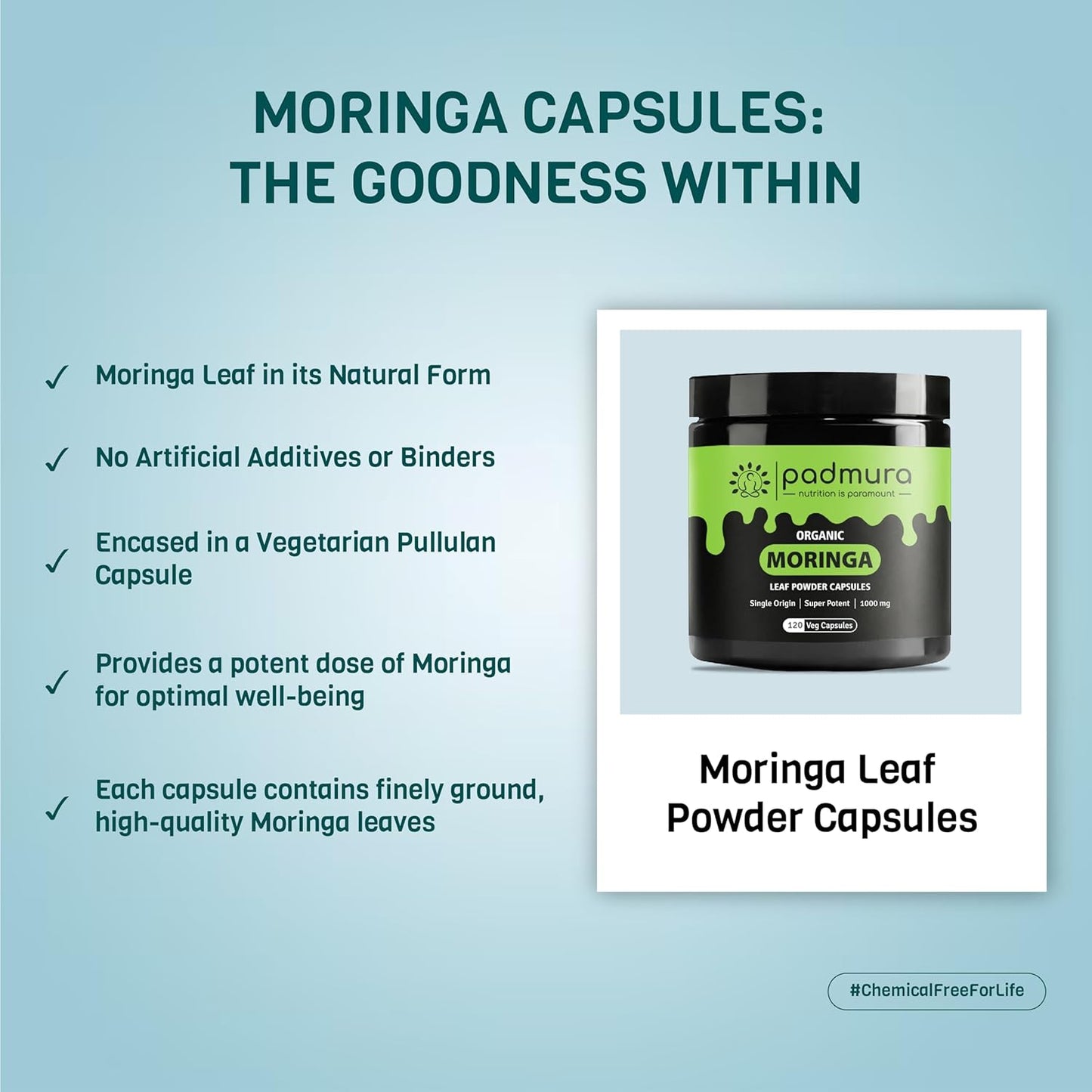 USDA Organic Moringa Leaf Powder Capsules 1000mg - Immune, Lactation & Skin Health Support | Non GMO, Gluten Free, Vegan - 120 Caps - BoostGo Australia