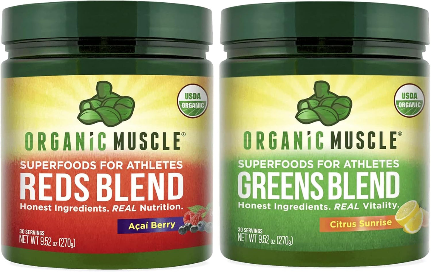 USDA Organic Muscle Vegan Greens and Reds Superfood Powder Bundle - Plant Based Red Juice & Green Juice for Energy, Focus, Digestion & Immune System Support - Non GMO (30 Servings)