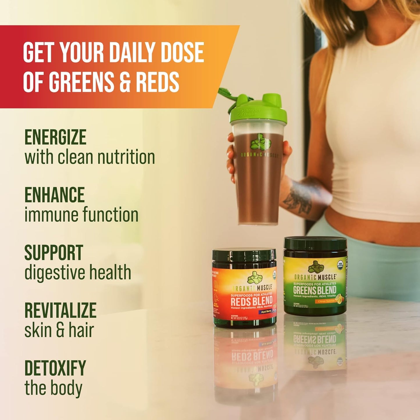 USDA Organic Muscle Vegan Greens and Reds Superfood Powder Bundle - Plant Based Red Juice & Green Juice for Energy, Focus, Digestion & Immune System Support - Non GMO (30 Servings)