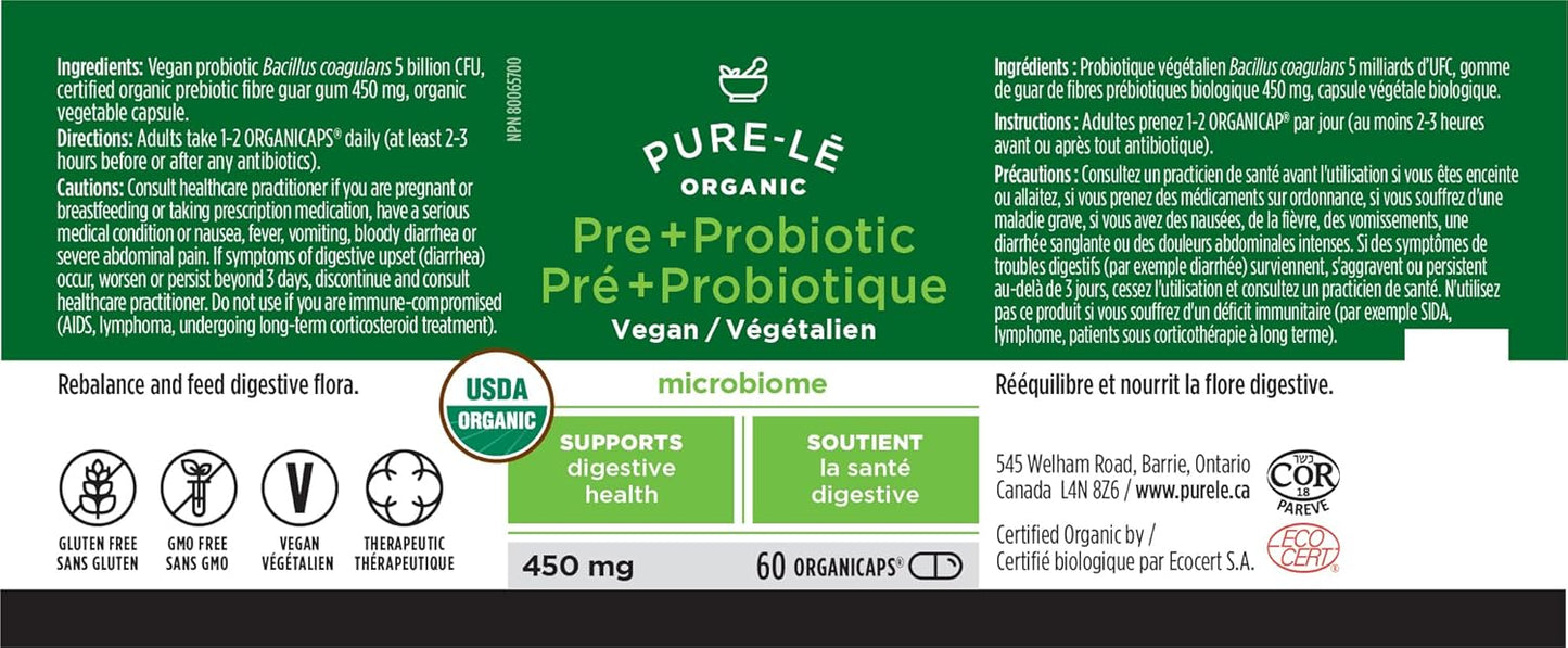 USDA Organic Prebiotic + Probiotic Vegan Supplement - Complete Daily Digestive Support with Natural Ingredients - 60 Organic Capsules