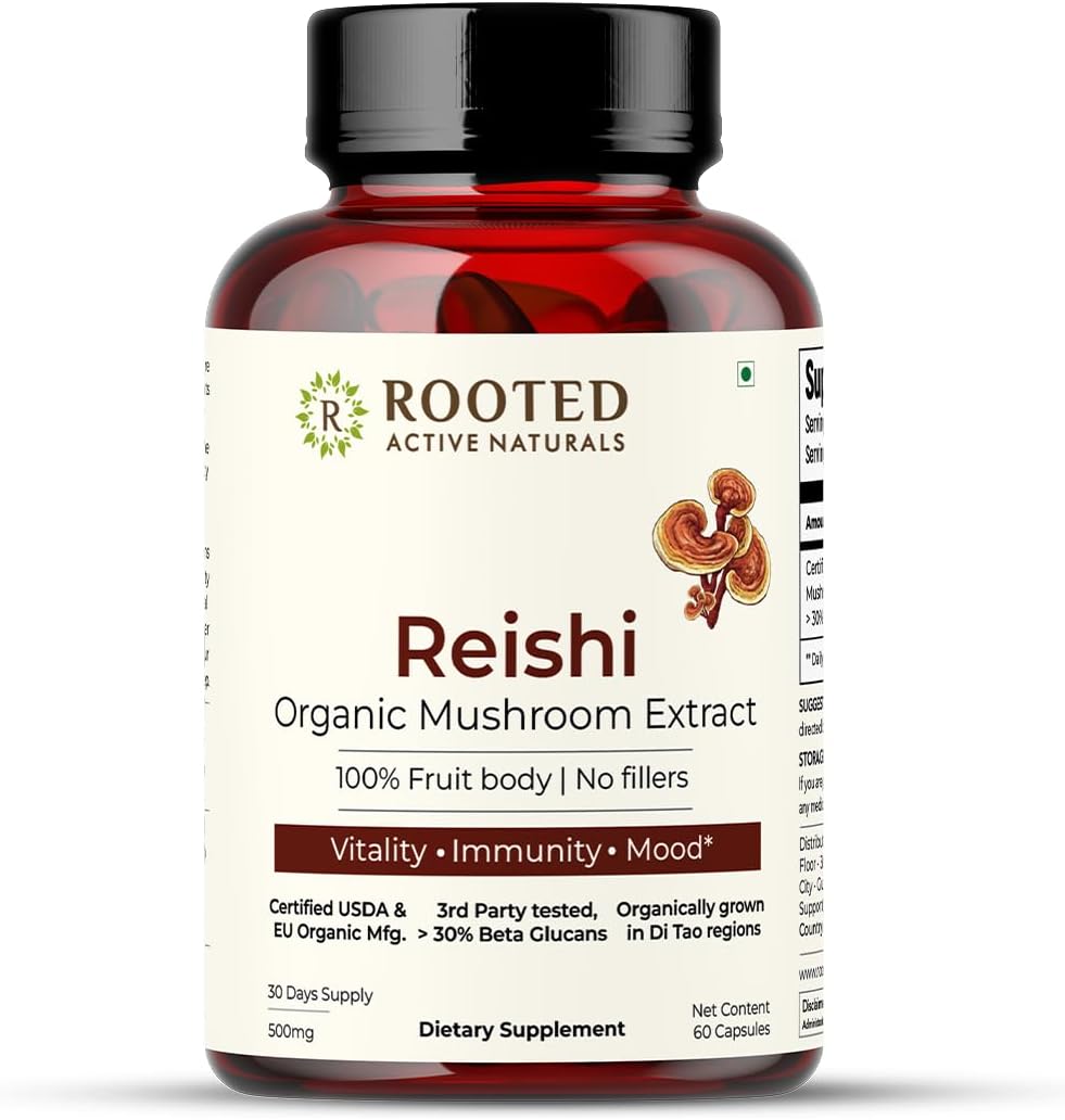 USDA Organic Reishi Mushroom Extract Capsules - 60 Veg Caps, 500 mg - Promotes Heart Health, Stress Relief, Liver Support - 30% Beta Glucans