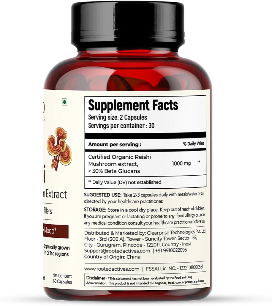 USDA Organic Reishi Mushroom Extract Capsules - 60 Veg Caps, 500 mg - Promotes Heart Health, Stress Relief, Liver Support - 30% Beta Glucans