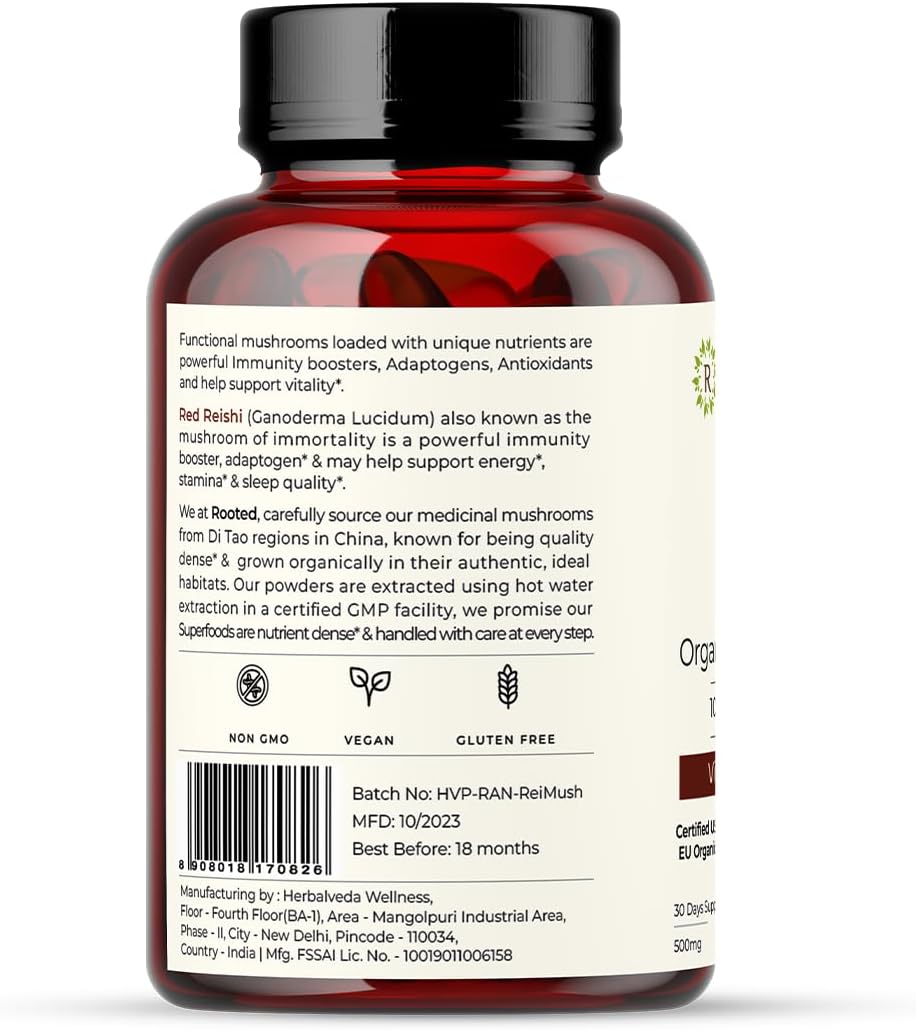 USDA Organic Reishi Mushroom Extract Capsules - 60 Veg Caps, 500 mg - Promotes Heart Health, Stress Relief, Liver Support - 30% Beta Glucans