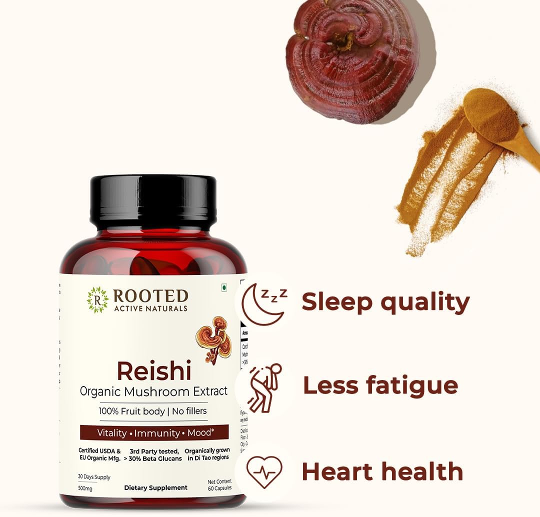 USDA Organic Reishi Mushroom Extract Capsules - 60 Veg Caps, 500 mg - Promotes Heart Health, Stress Relief, Liver Support - 30% Beta Glucans