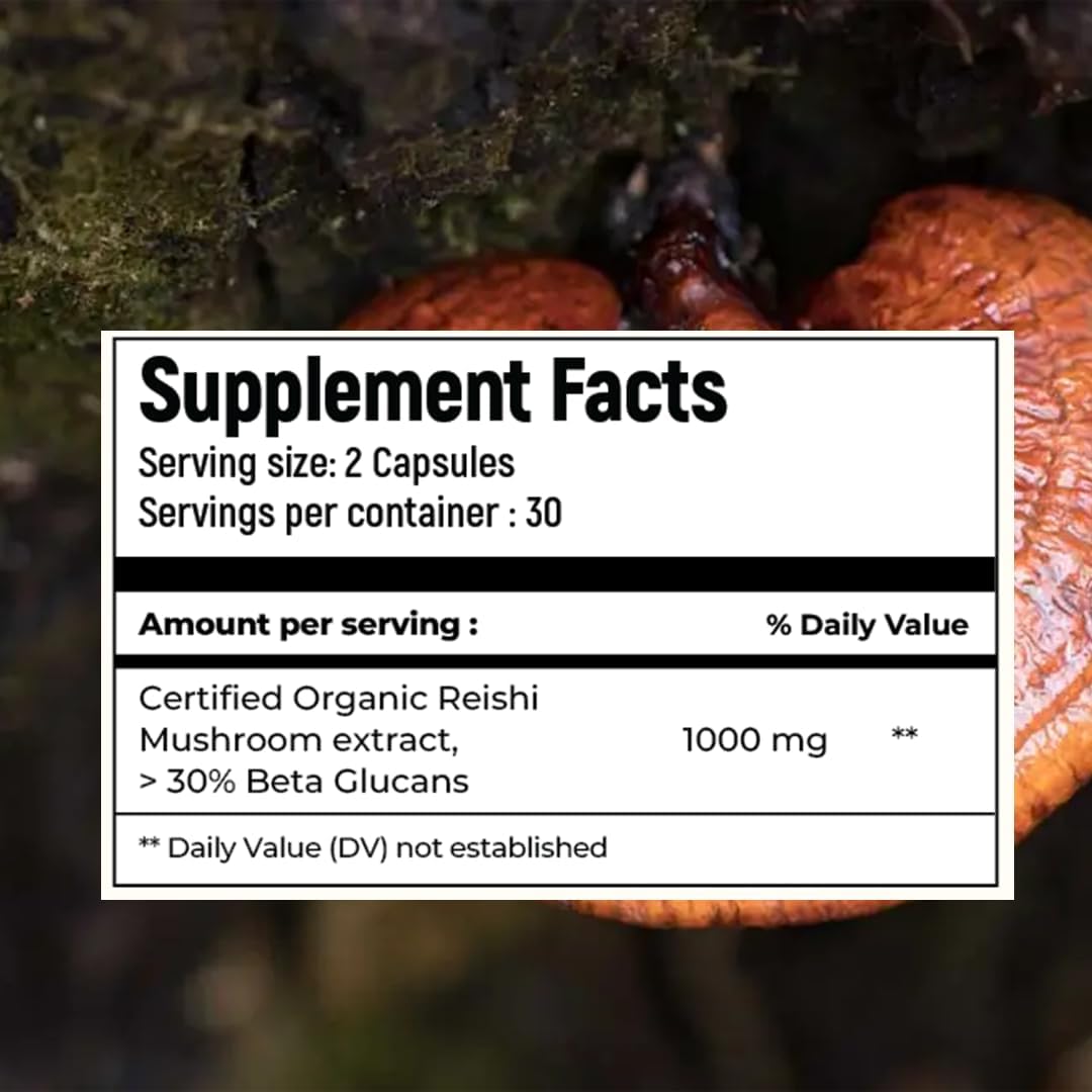 USDA Organic Reishi Mushroom Extract Capsules - 60 Veg Caps, 500 mg - Promotes Heart Health, Stress Relief, Liver Support - 30% Beta Glucans