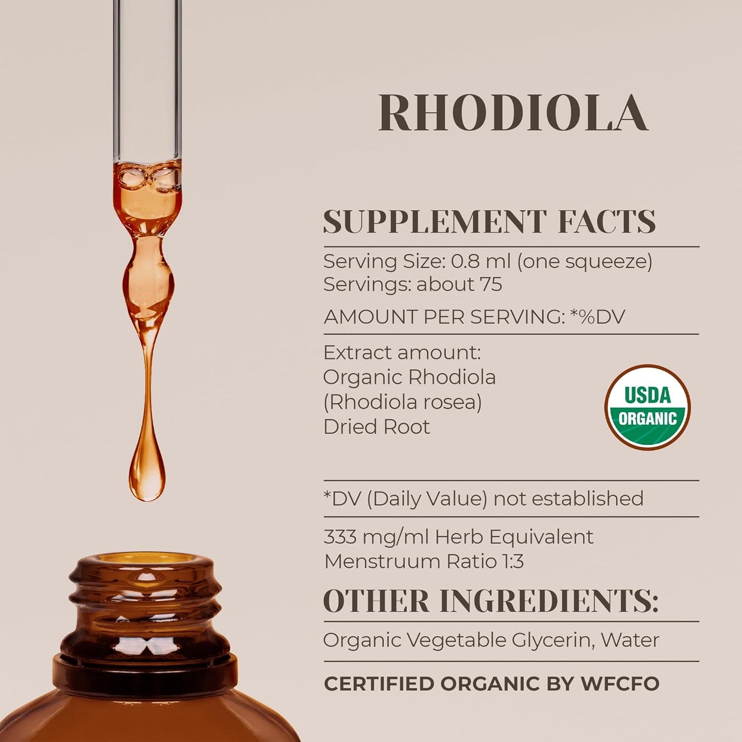USDA Organic Rhodiola Herbal Drops 2 oz | Alcohol-Free Tincture Made from Certified Organic Rhodiola Rosea Root