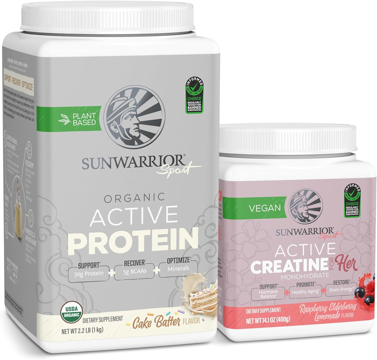 USDA Organic Sunwarrior Vegan Protein Powder & Creatine Monohydrate Bundle | Cake Batter & Raspberry Lemonade Flavored - 70 Servings