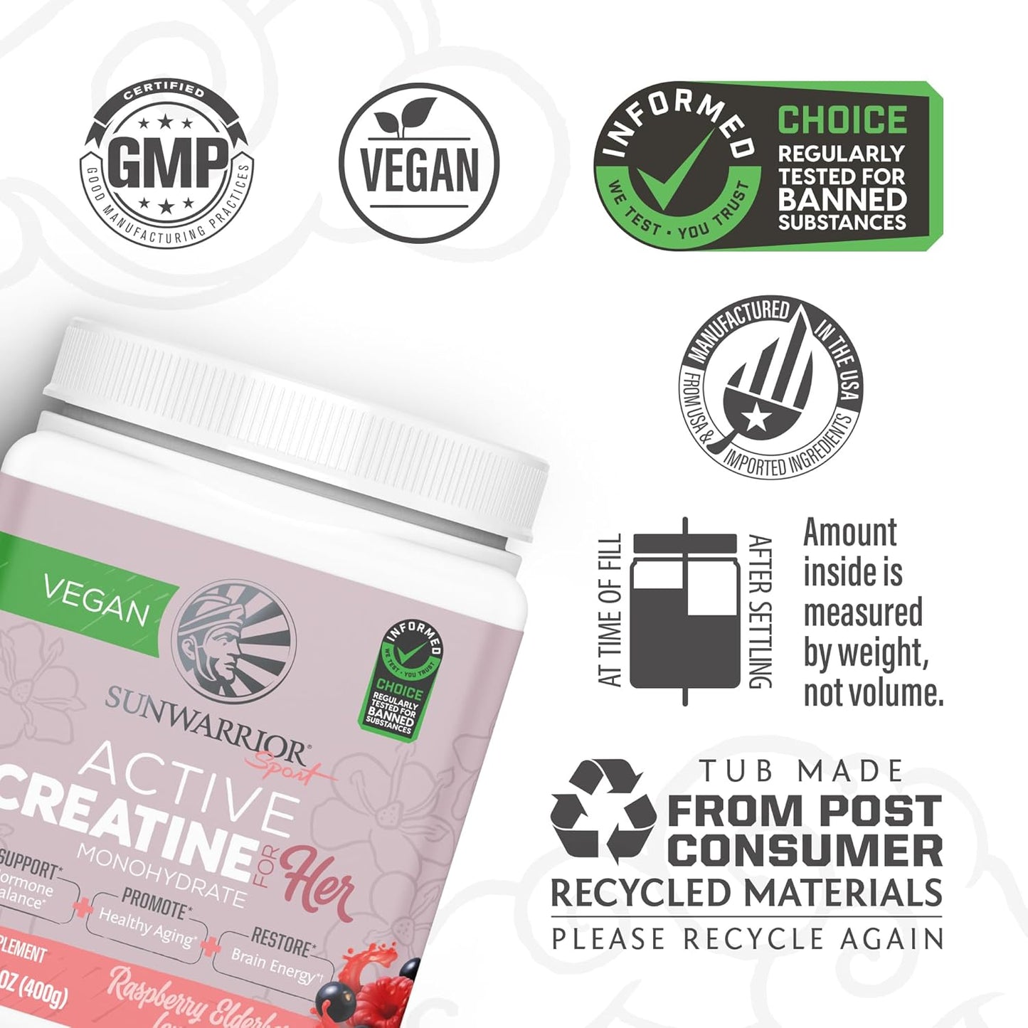 USDA Organic Sunwarrior Vegan Protein Powder & Creatine Monohydrate Bundle | Cake Batter & Raspberry Lemonade Flavored - 70 Servings
