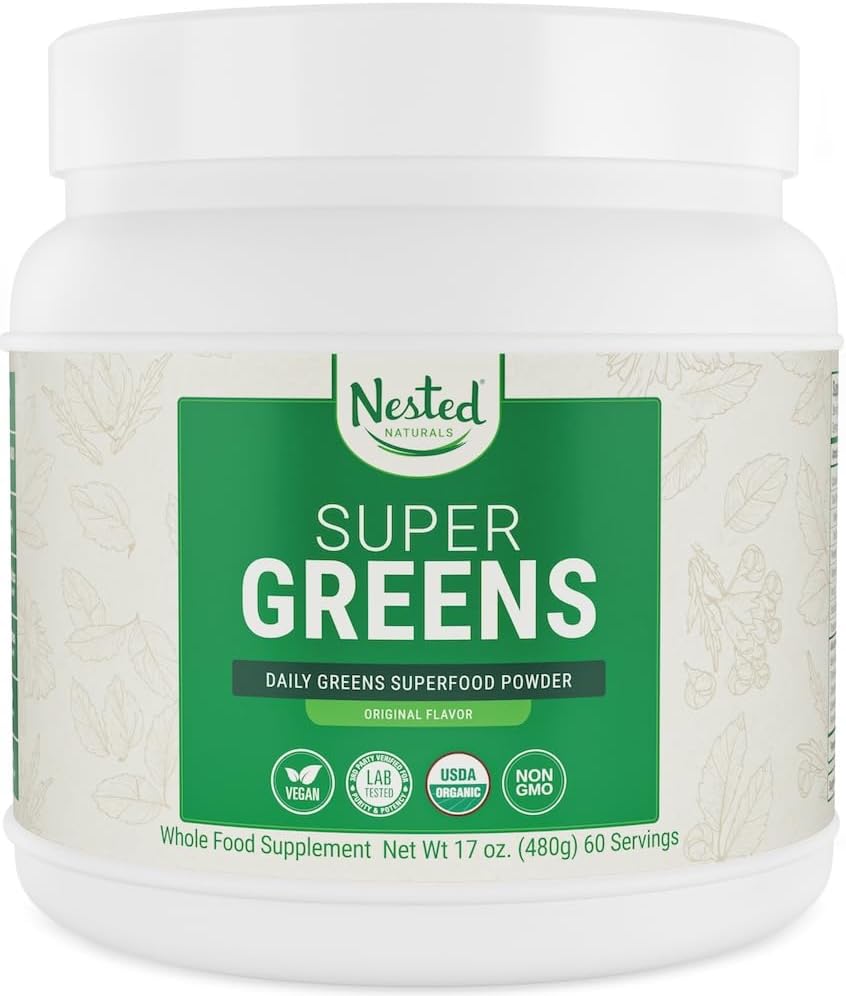 USDA Organic Super Greens Powder with Probiotics, Enzymes - 20+ Whole Foods, Spirulina, Wheat & Barley Grass - Original Flavor, 60 Servings