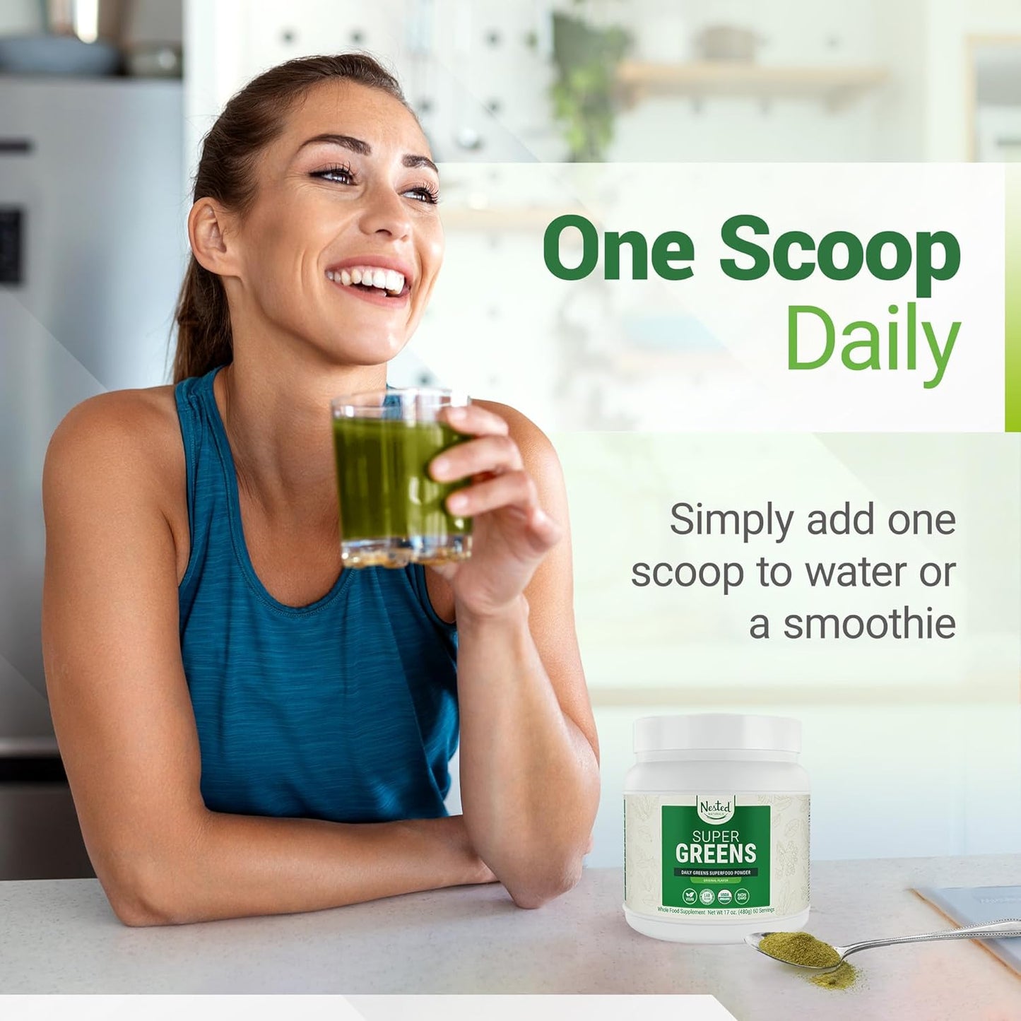 USDA Organic Super Greens Powder with Probiotics, Enzymes - 20+ Whole Foods, Spirulina, Wheat & Barley Grass - Original Flavor, 60 Servings