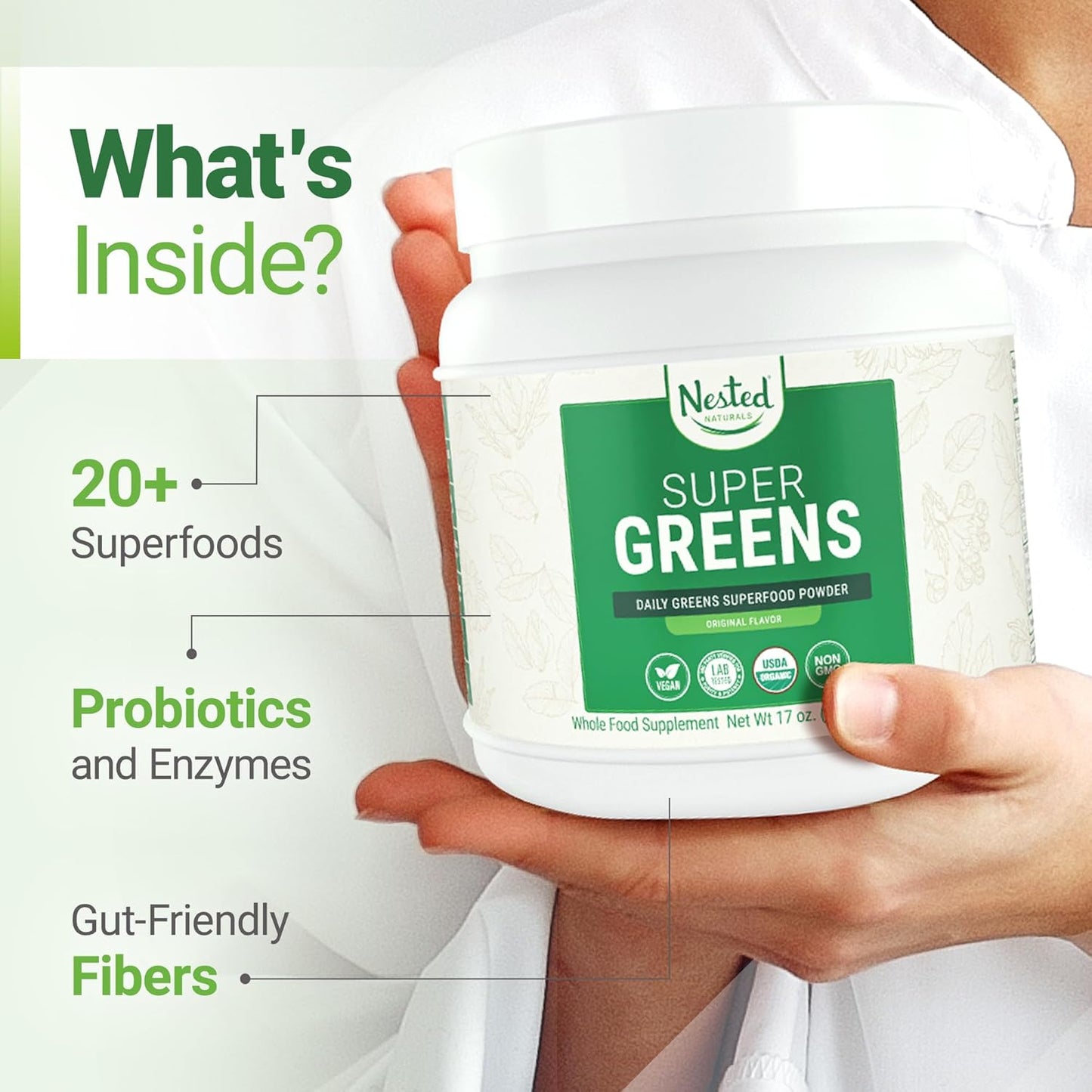 USDA Organic Super Greens Powder with Probiotics, Enzymes - 20+ Whole Foods, Spirulina, Wheat & Barley Grass - Original Flavor, 60 Servings
