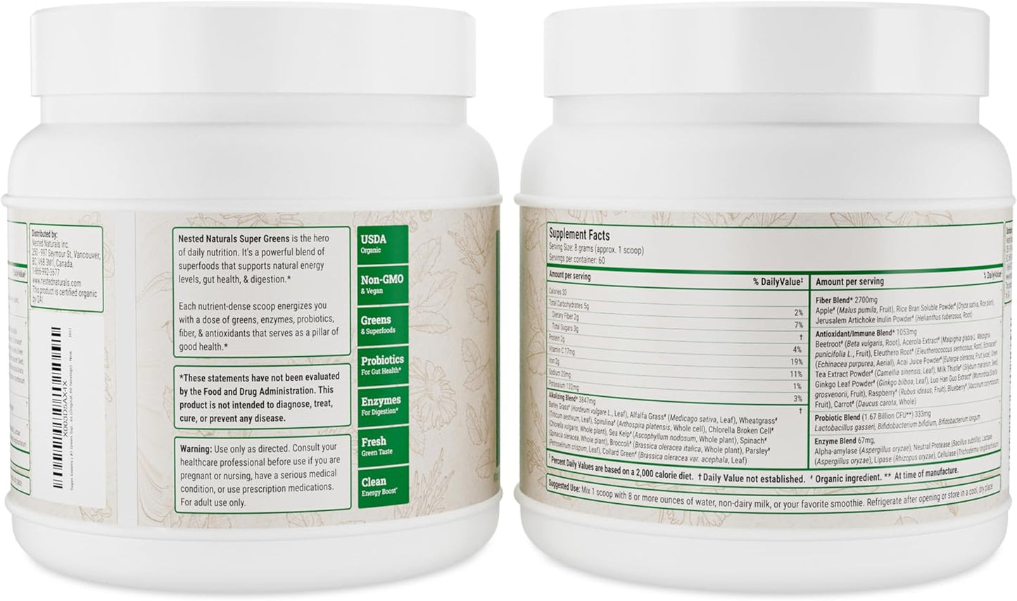 USDA Organic Super Greens Powder with Probiotics, Enzymes - 20+ Whole Foods, Spirulina, Wheat & Barley Grass - Original Flavor, 60 Servings