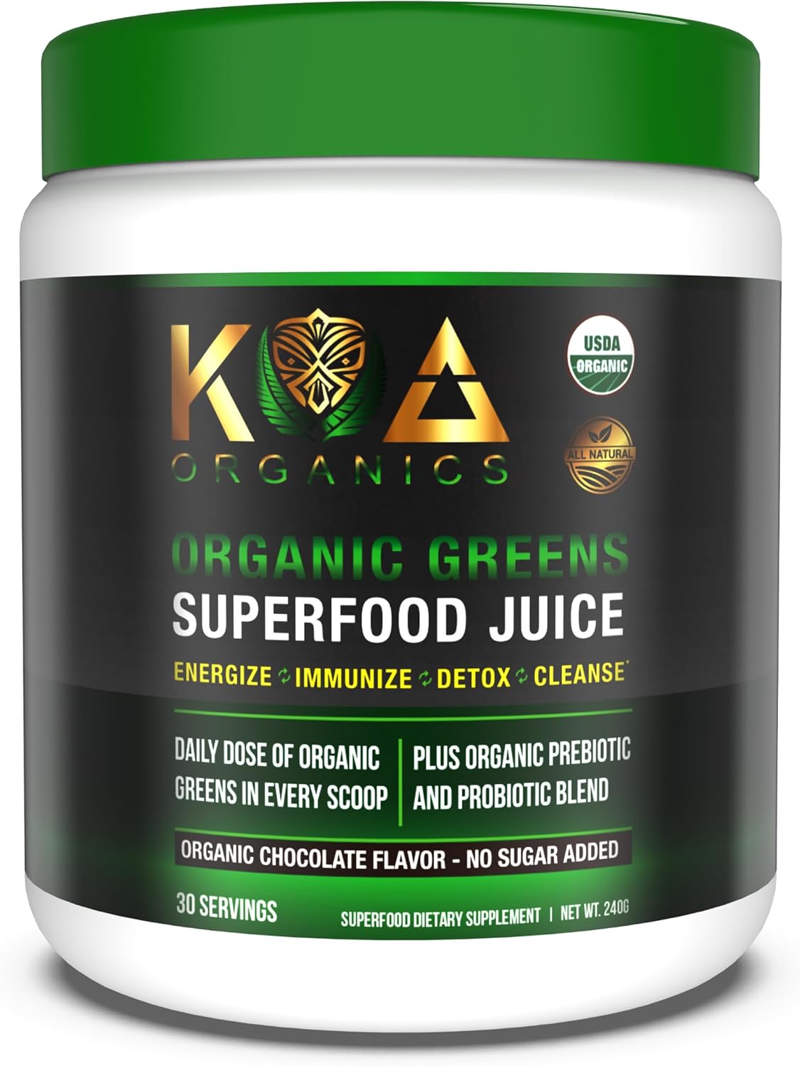 USDA Organic Super Greens Powder with Spirulina, Chlorella, Matcha, and Probiotics - Chocolate Flavor - 30 Servings