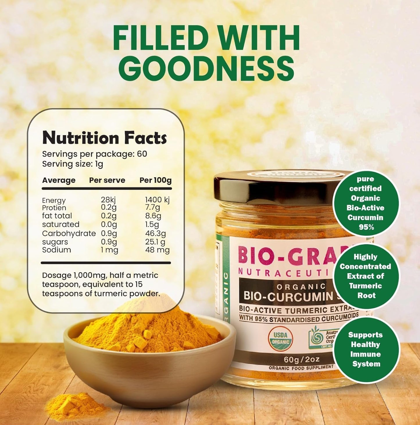 USDA Organic Turmeric Curcumin Extract with BIO-GRAPE Antioxidants - 60g Dose for Joint Support and Immune Boost - High Absorption Supplements