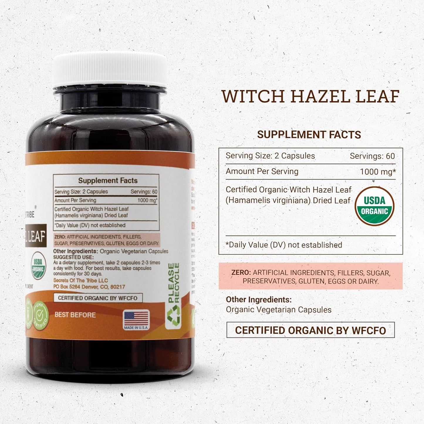 USDA Organic Witch Hazel Leaf Capsules - 1000mg (2x120 Capsules) - Secrets of the Tribe