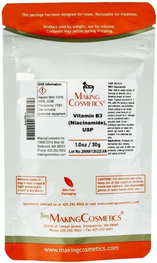 USP Grade Vitamin B3 Powder for Cosmetics - 1.0oz / 30g - Cosmetic Ingredient