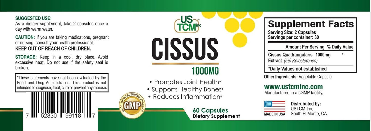 USTCM Cissus Quadrangularis Capsules - 1000mg with 5% Ketosterones - 60 Veg Capsules