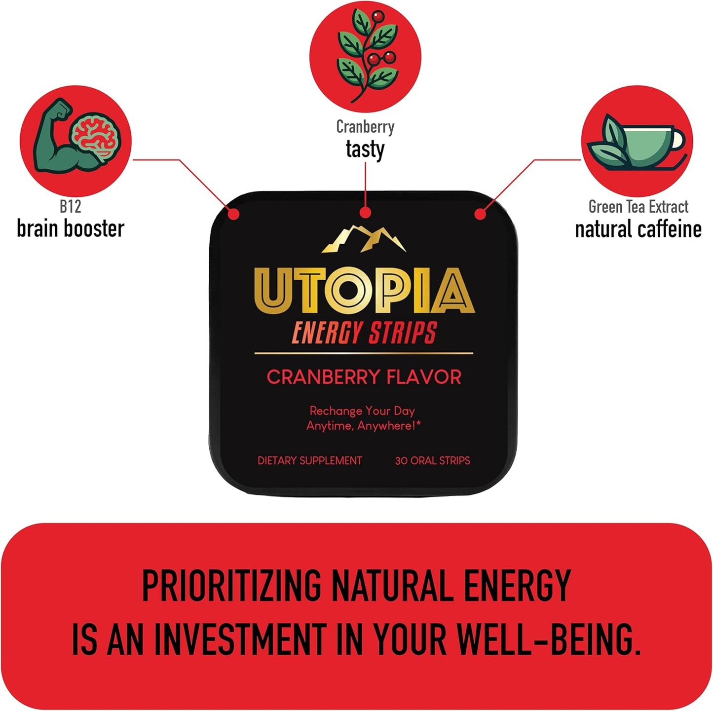 Utopia Energy Strips with Vitamin B12 - Natural Caffeine Supplement, Cranberry Flavor, 30 Count
